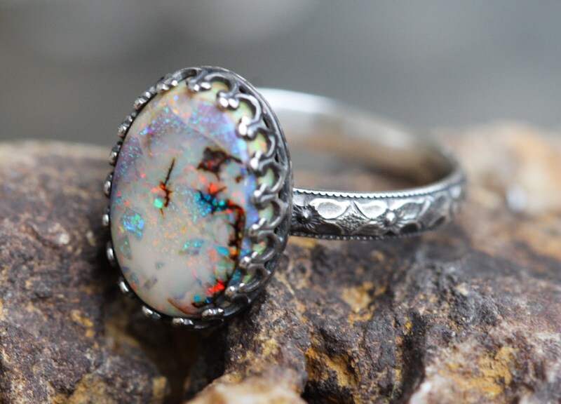 Opal Ring * Solid Sterling Silver Ring* Floral Band * Monarch Opal *  Any Size